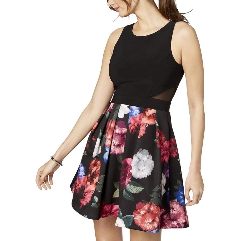 NWT Xscape Womens Dress Navy‎ Floral Print Sleeveless Mesh Fit & Flare Size 10